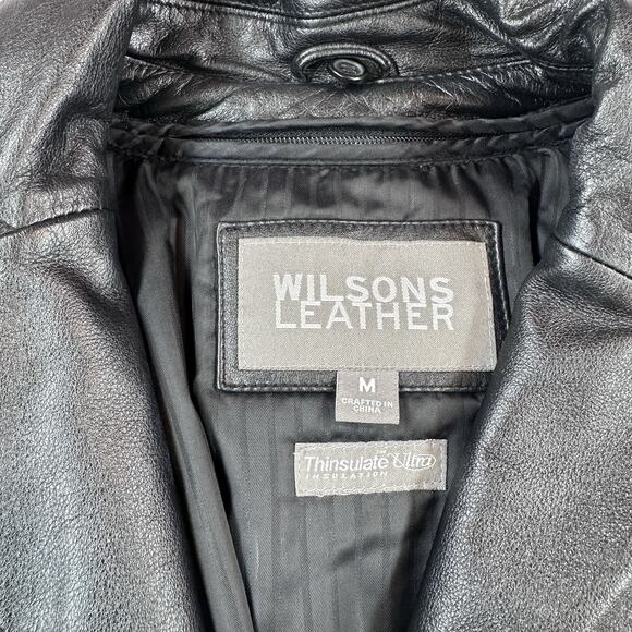 Wilson Leather Jacket Women Medium Black Button Front Lined Trench Coat - Picture 6 of 12